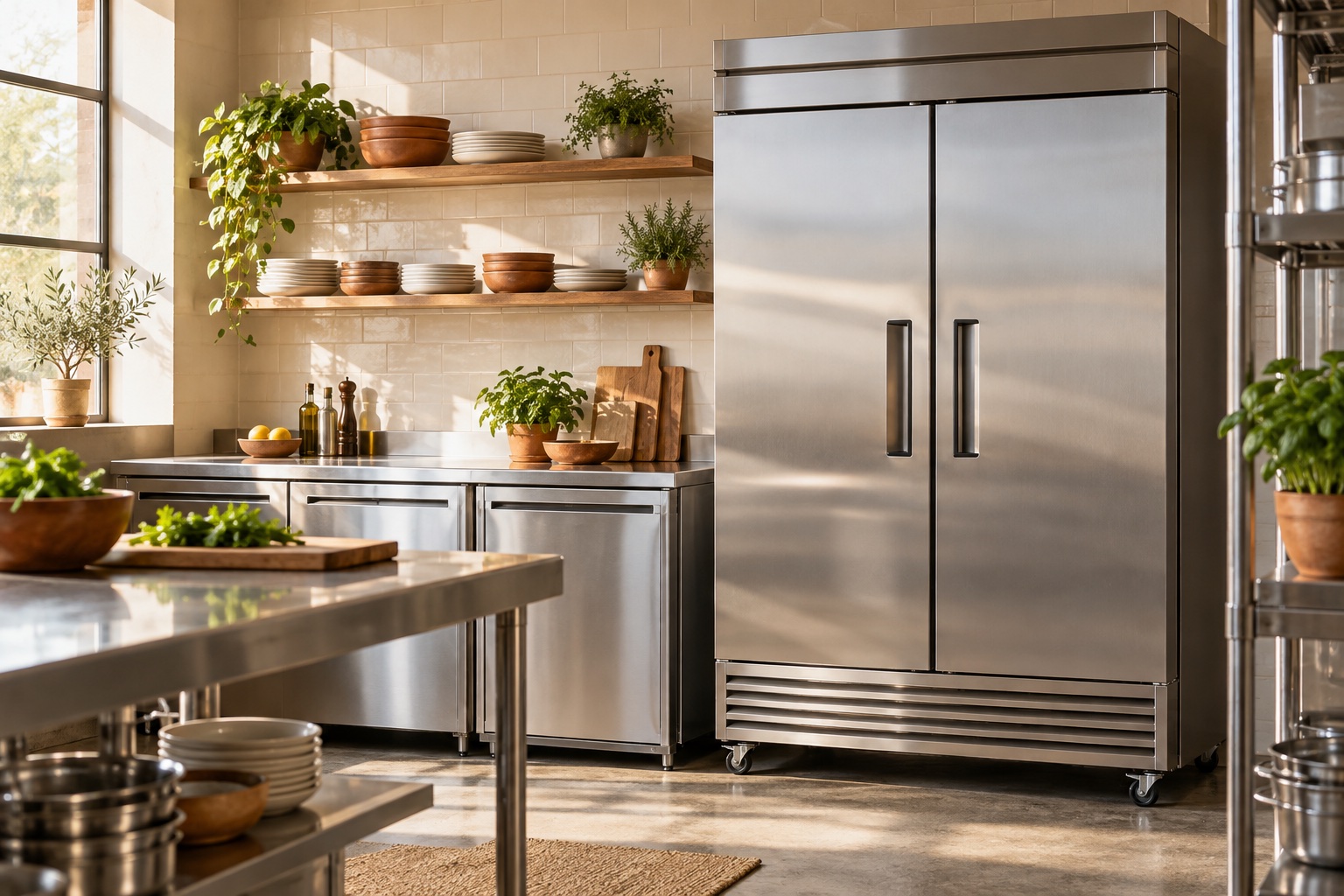 Illustrative sunlit commercial kitchen with stainless steel refrigeration, warm tile, and green herbs.